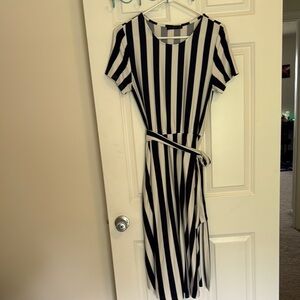 White and Blue Tie Front Sheath Midi Dress